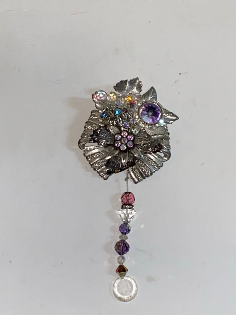 Silver Floral Brooch with Purple and Pink Crystal Dangles Rhinestone